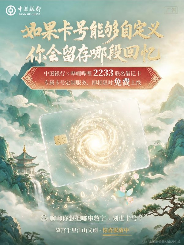 中国银行哔哩哔哩2233联名借记卡将上线专属卡号定制服务，可以限时免费自主选定卡号末尾6位数字