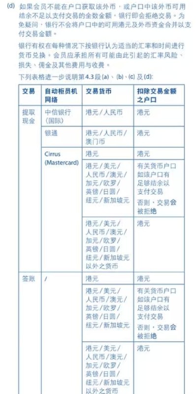 本卡在取现场景下，若在支援货币余额不足的情况下时，图1收费表中将会转为港币扣账并收取FTF，图2扣账卡条款中则将直接拒绝交易，两份文件有所冲突